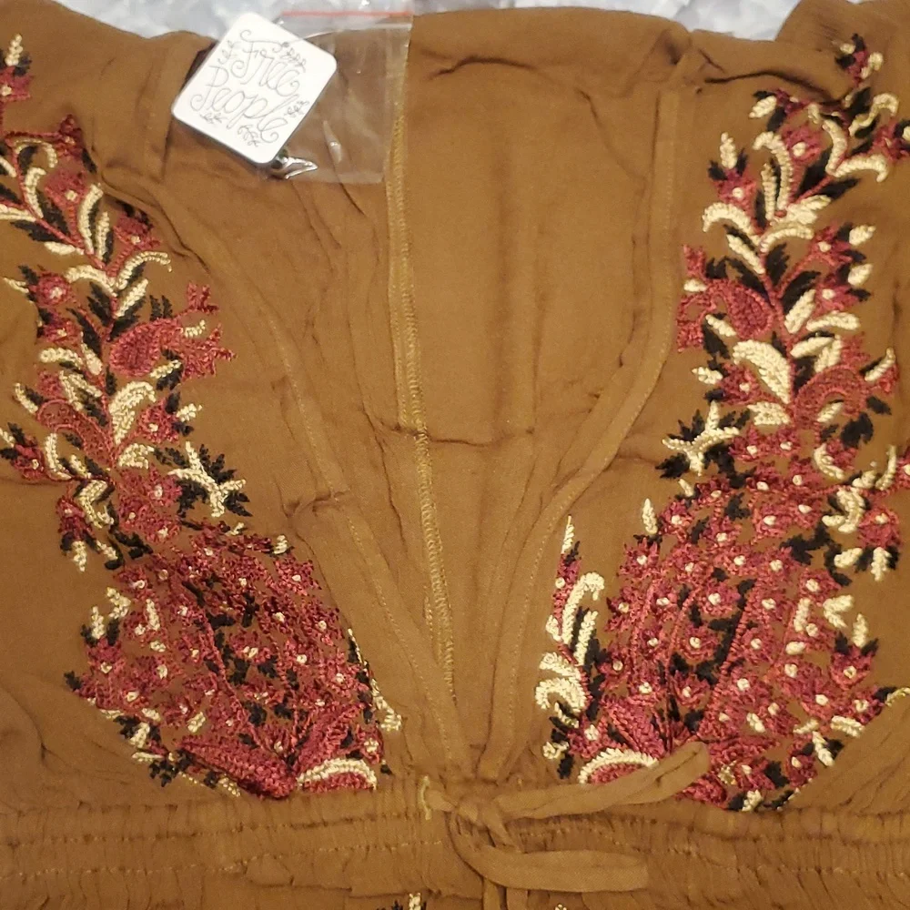 NWT Free People Pretty Pineapple Embroidered Dress S Brown Floral Boho V Neck - Picture 10 of 16